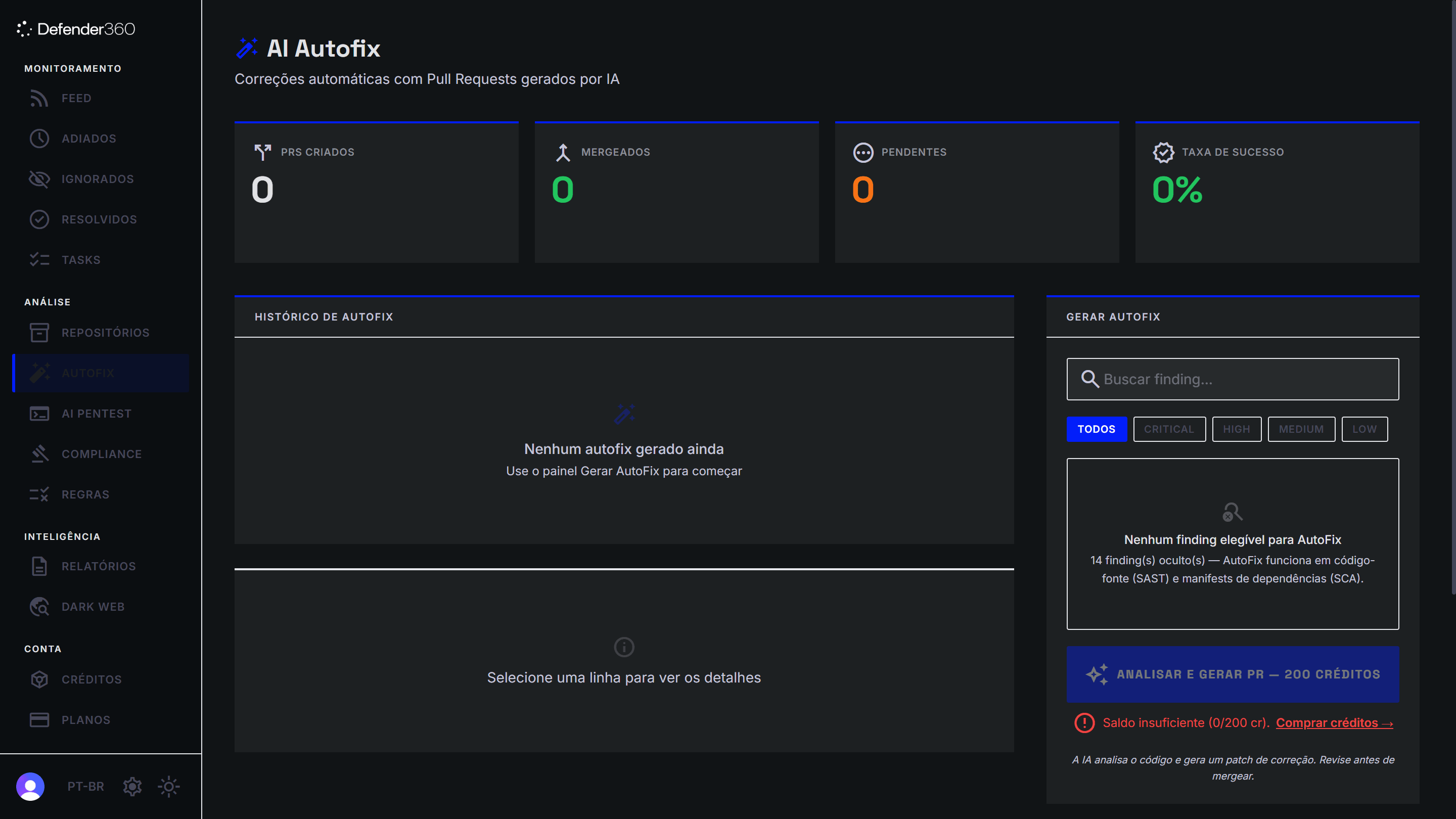 Tableau de bord Defender360 Security Scan AI