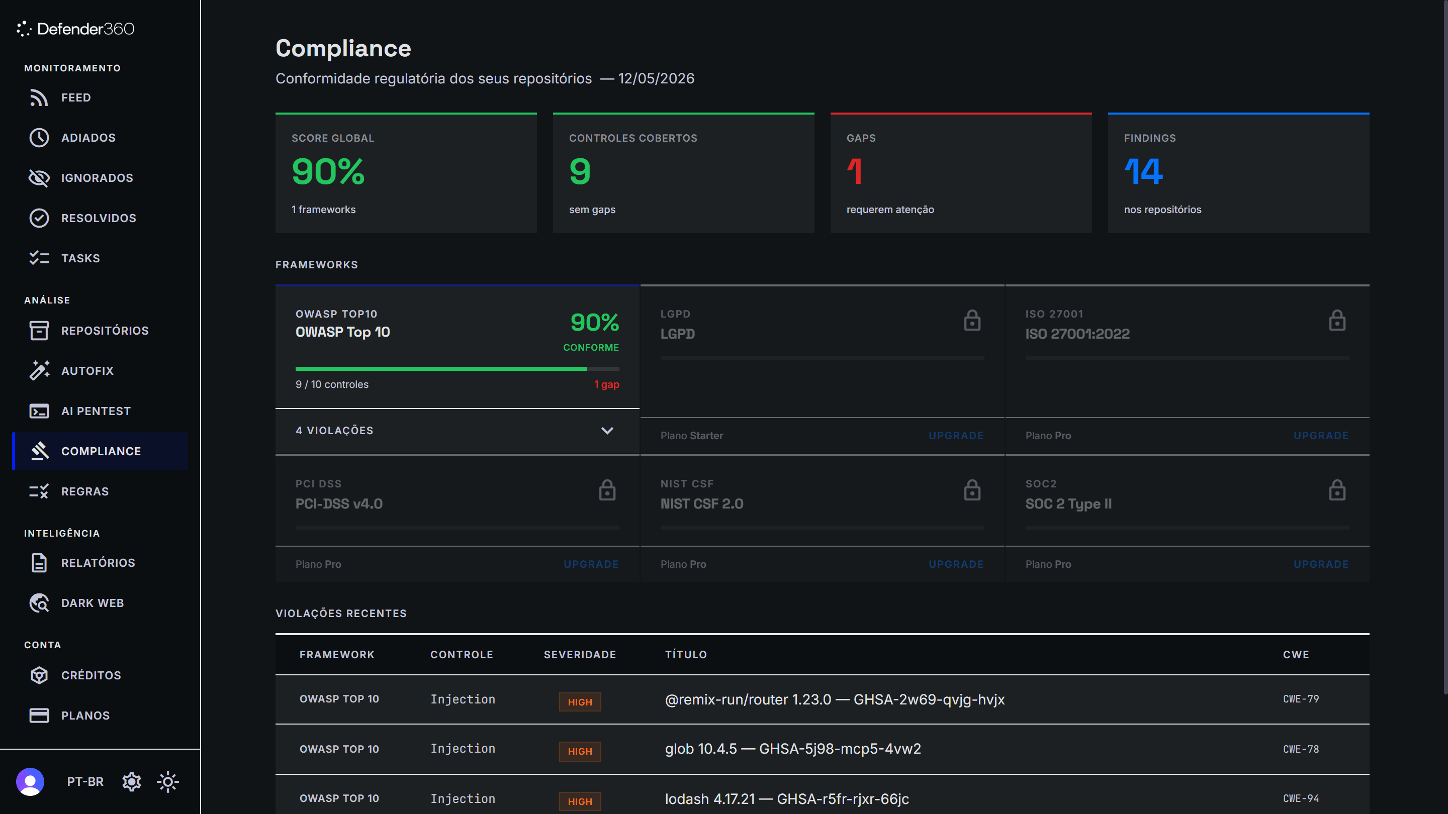 Tableau de bord Defender360 Security Scan AI