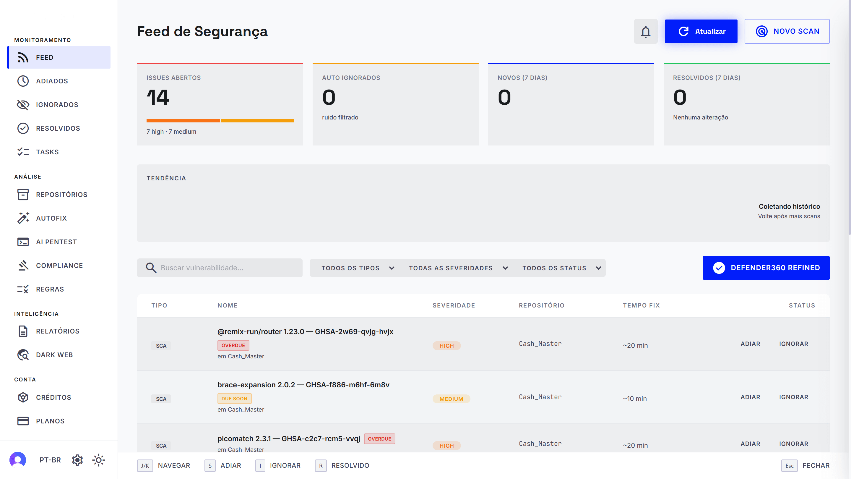 Tableau de bord Defender360 Security Scan AI