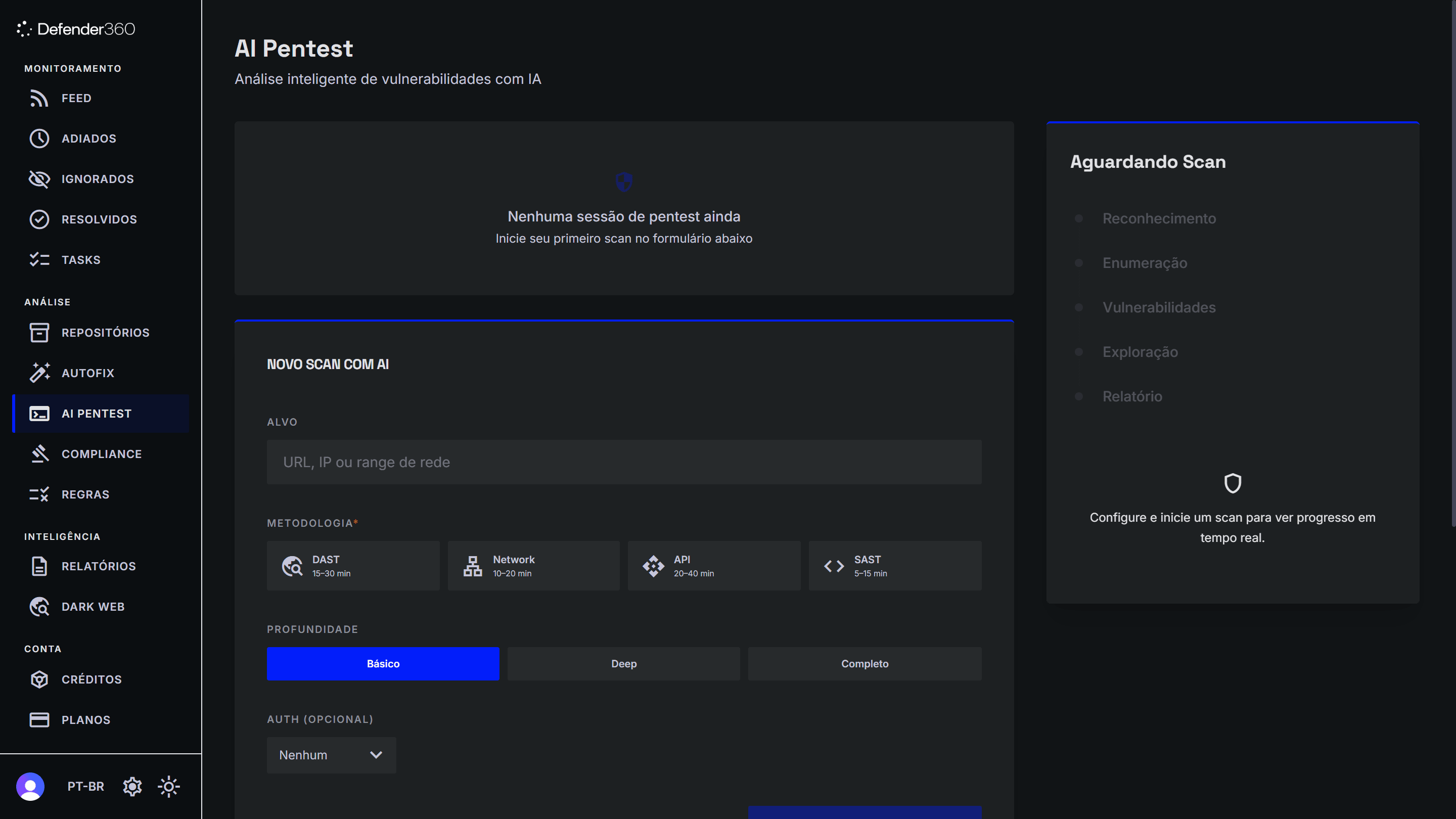Tableau de bord Defender360 Security Scan AI