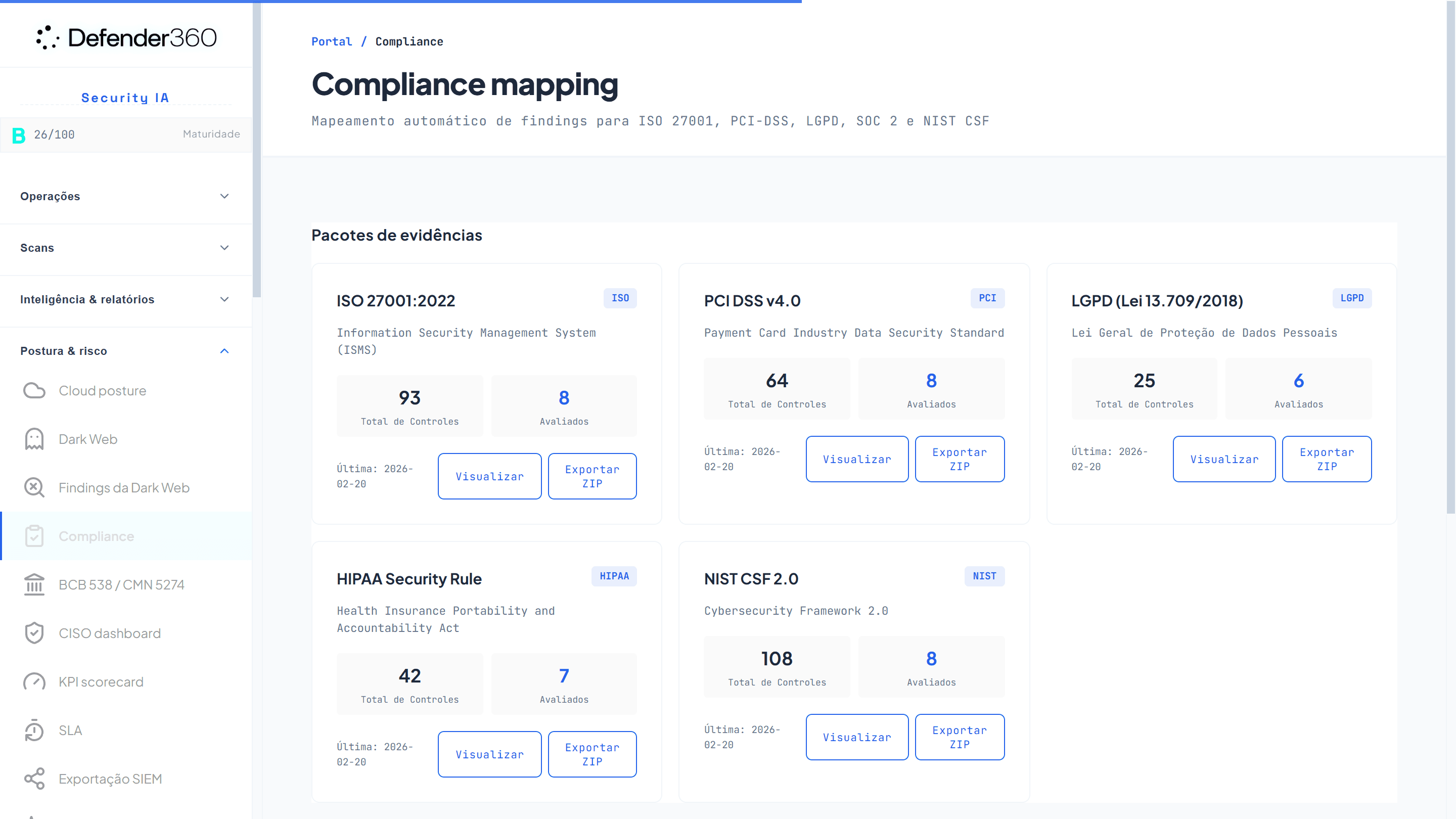 Pacotes de evidência mapeados automaticamente para ISO 27001, PCI DSS, LGPD, HIPAA e NIST CSF — com o pacote PCI DSS v4.0 pronto para exportar quando a bandeira ou o auditor pedir.