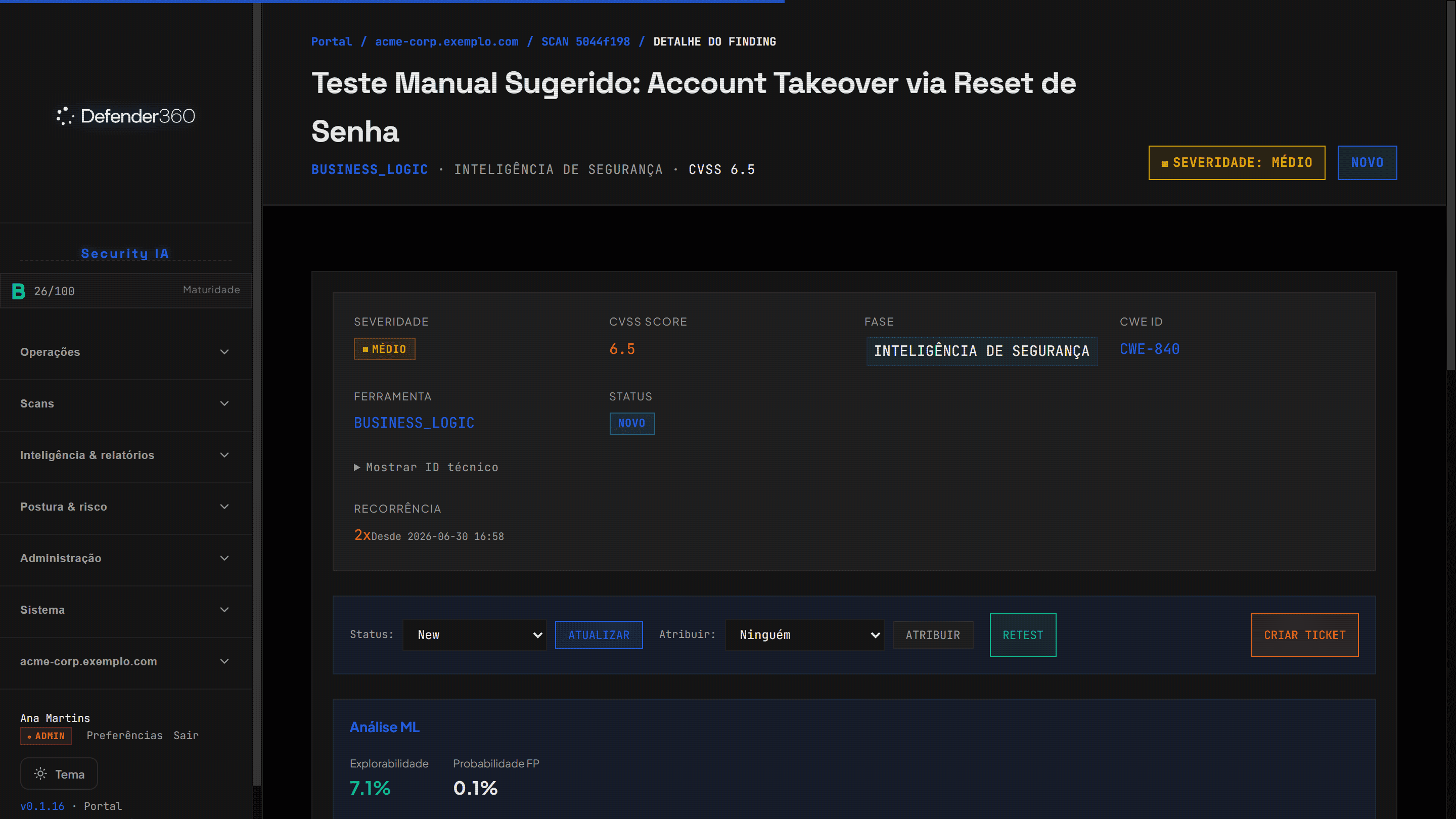 Cada achado chega priorizado e validado: severidade, CVSS, fase do teste, análise de explorabilidade e probabilidade de falso-positivo — com retest e abertura de ticket a um clique.